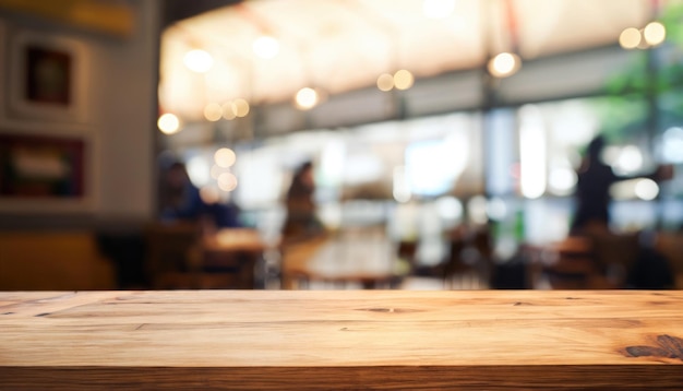 Il piano del tavolo in legno sullo sfondo interno del ristorante sfocato