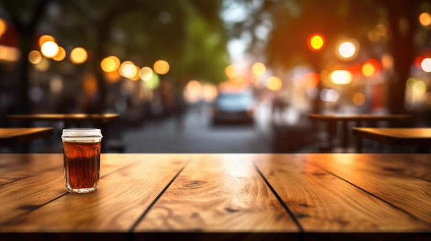 Il piano del tavolo in legno vuoto con sfondo sfocato del caffè all'aperto in strada Immagine AI generativa AIG30