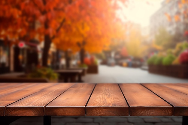 Il piano del tavolo in legno vuoto con sfondo sfocato del paesaggio autunnale del parco AI generato