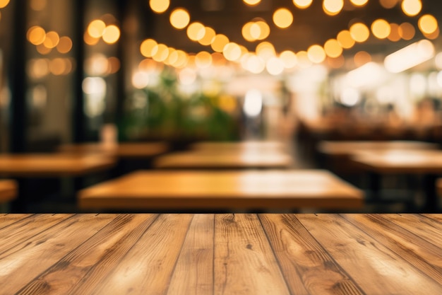 Il piano del tavolo in legno vuoto con sfondo sfocato del ristorante Exuberant