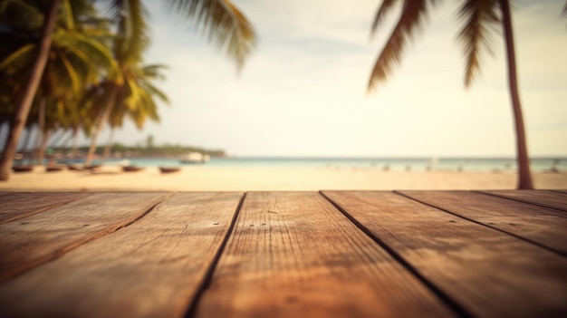 Il piano del tavolo in legno vuoto con sfondo sfocato della spiaggia della Thailandia Immagine esuberante