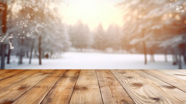 Il piano del tavolo vuoto in legno marrone con sfondo sfocato della stanza di casa in inverno Immagine esuberante