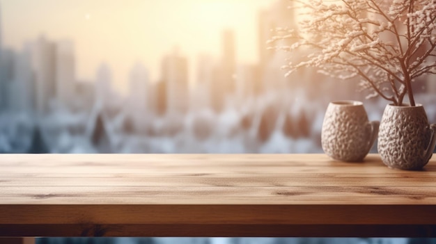 Il piano del tavolo vuoto in legno marrone con sfondo sfocato della stanza domestica in inverno Immagine AI generativa AIG30
