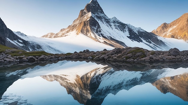 Il picco di montagna nel maestoso paesaggio si riflette nell'acqua