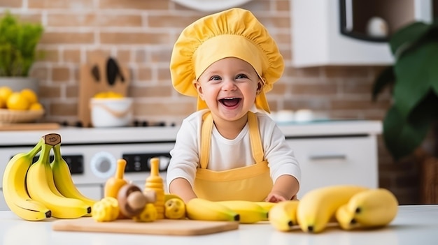 Il piccolo chef prepara un pasto giocoso in una cucina in miniatura Una delizia alla banana