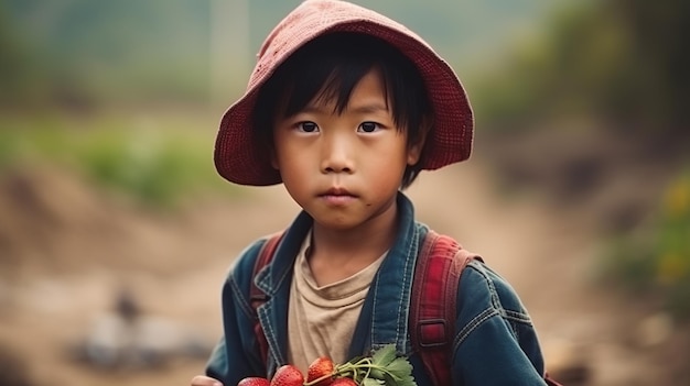 Il piccolo contadino cinese Sute è molto felice di tenere una fragola molto grande