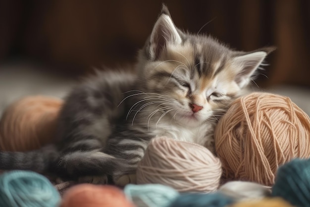 Il piccolo gattino a strisce dorme su gomitoli di filato generativo ai