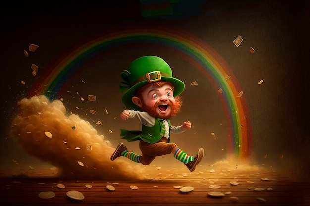 Il piccolo leprecauno corre sul concetto del giorno di San Patrizio arcobaleno