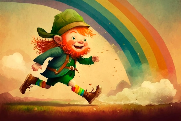 Il piccolo leprecauno corre sul concetto del giorno di San Patrizio arcobaleno