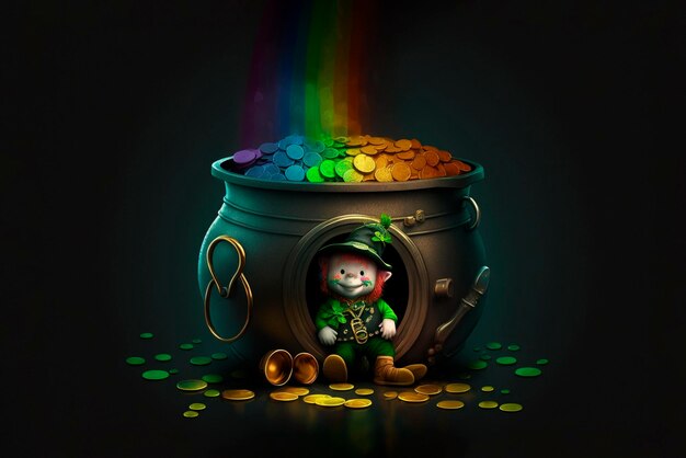 Il piccolo leprechaun sbircia fuori dalla pentola con monete arcobaleno Concetto di giorno di San Patrizio