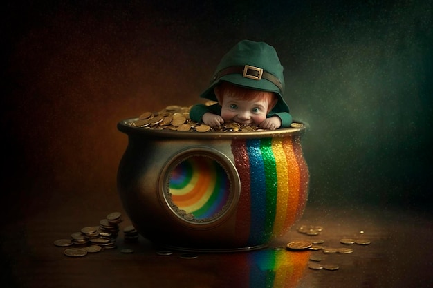 Il piccolo leprechaun sbircia fuori dalla pentola con monete arcobaleno Concetto di giorno di San Patrizio