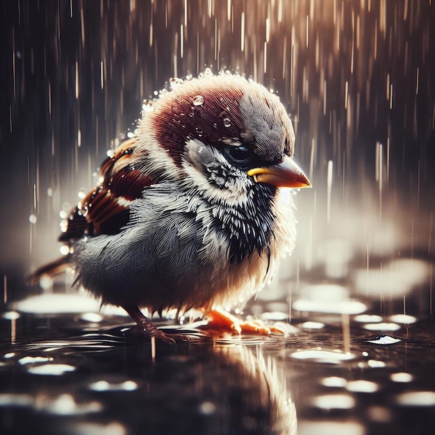 Il piccolo passero triste che si bagna sotto la pioggia