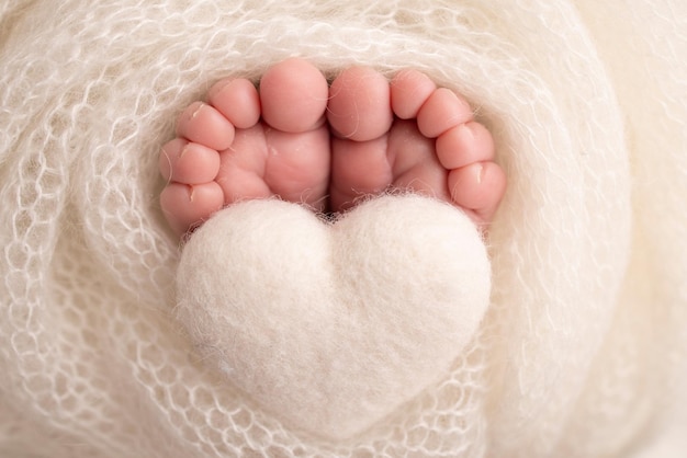 Il piccolo piede di un neonato Piedi morbidi di un neonato in una coperta di lana bianca Primo piano delle dita dei piedi talloni e piedi di un neonato Cuore bianco lavorato a maglia nelle gambe di un bambino Macrofotografia