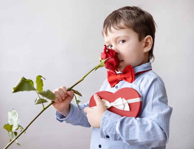 Il piccolo ragazzo caucasico sveglio in farfallino con l'odore rosso della scatola regalo del cuore è aumentato. giorno di San Valentino.