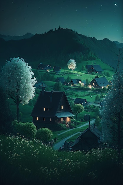 Il piccolo villaggio è illuminato di notte generativo ai