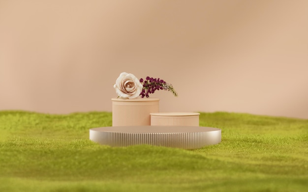 Il piedistallo di bellezza con la cornice rotonda del display del podio beige è rosa fiore sull'erba verde field3d rende