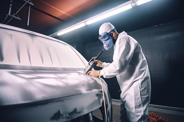 Il pittore di automobili in abiti protettivi dipinge l'automobile con vernice nell'officina della camera IA generativa