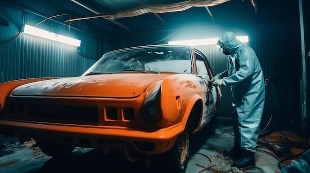 Il pittore di automobili in abito e copertina cauti ritrae un maestro d'auto che utilizza un'arma a spruzzo di vernice in una camera di pittura. Risorse creative generate dall'IA