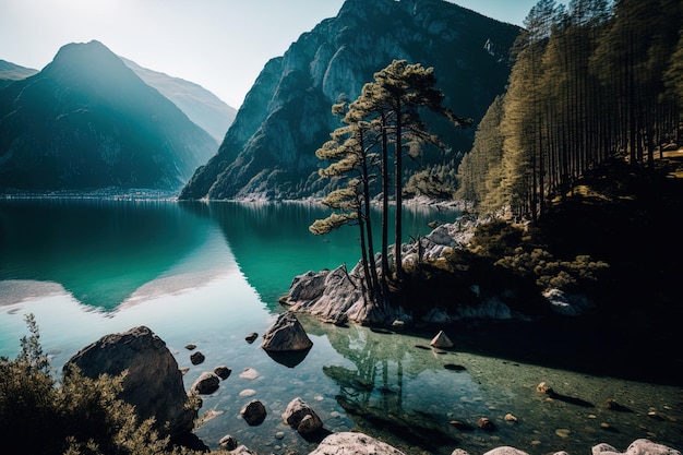 Il placido lago alpino lombardo d'Idro è circondato da montagne ricoperte di alberi e massi