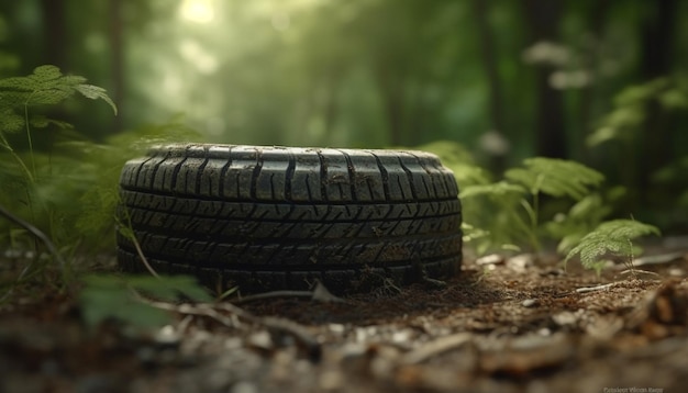 Il pneumatico sporco della vecchia auto sfreccia attraverso la foresta bagnata generata dall'intelligenza artificiale