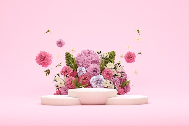 Il podio 3D mostra lo sfondo rosa pastello con fiori di ortensie e rendering 3d con cornice vintage