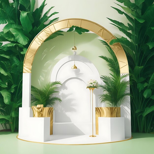 il podio del prodotto con foglie di palma tropicale verde e arco a tutto sesto dorato e wallai verde generato