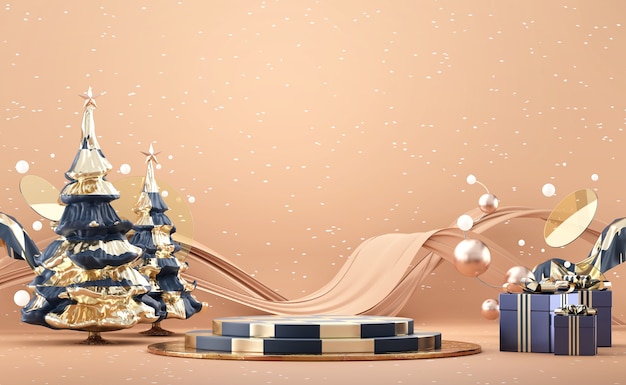 Il podio dell'esposizione del prodotto di Buon Natale astratto di lusso con l'albero di pino e la decorazione 3d rendono