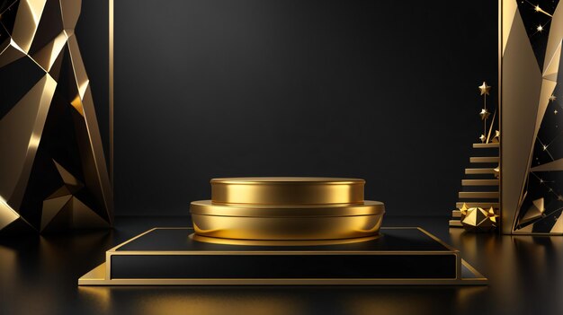 Il podio dorato 3d rende la piattaforma del prodotto sfondo 3d Stand per visualizzare cosmetici