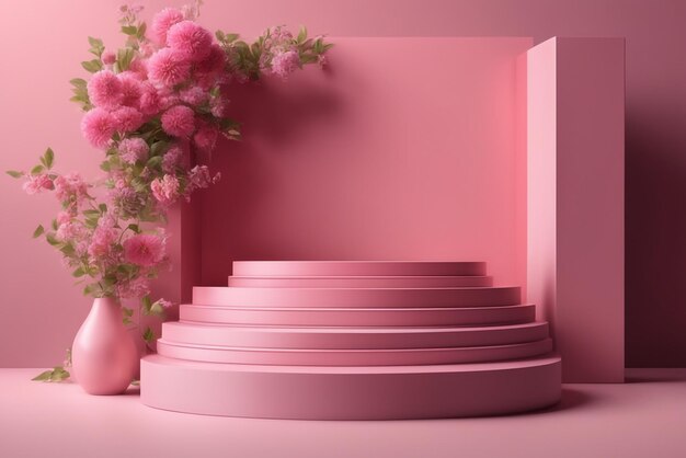 il podio moderno del modello ha messo la scena rosa con i fiori e lo sfondo di alta qualità dell'ombra della luce solare
