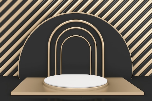 Il podio nero e dorato minimal geometrico, astratto in stile scuro. Rendering 3D