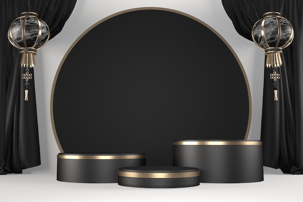 Il podio nero mostra il prodotto cosmetico geometrico su sfondo nero. Rendering 3D