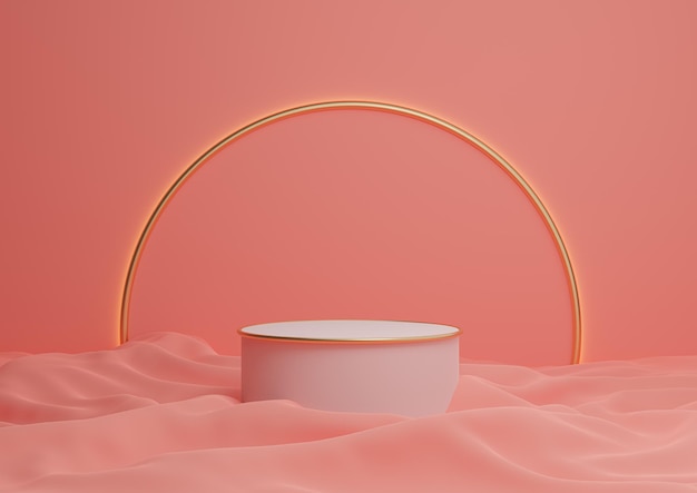 Il podio per esposizione di prodotti di lusso in 3D rosa brillante presenta una linea d'arco dorata minima nella luce di sfondo