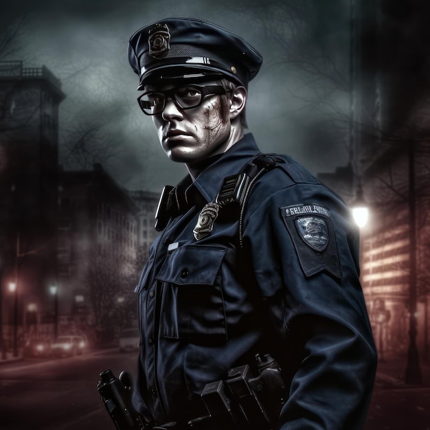 il poliziotto in una strada nello stile dell'arte fotorealistica