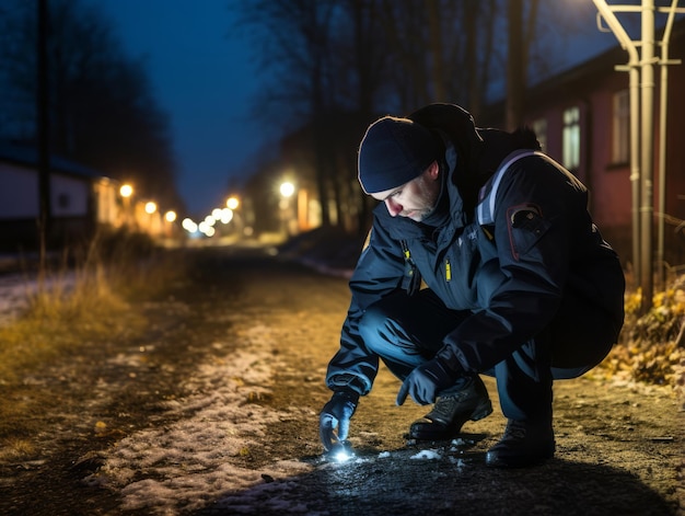 Il poliziotto sta esaminando meticolosamente la scena alla ricerca di prove durante le sue indagini