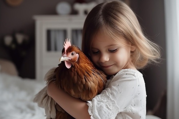 Il pollo domestico con un bambino all'interno della casa generato dall'IA L'amico di colore piumato