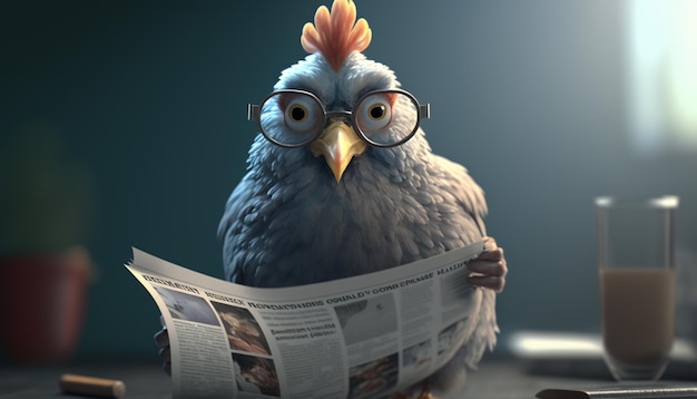 Il pollo intelligente che legge le notizie quotidiane con gli occhiali