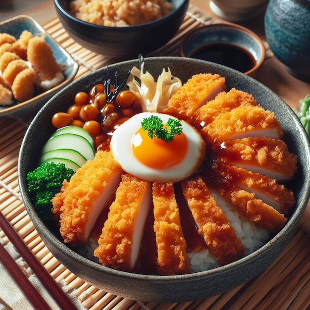il pollo katsu don è un cibo giapponese servito con salsa di soia sul tavolo