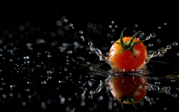 Il pomodoro con le gocce si trova sullo sfondo nero