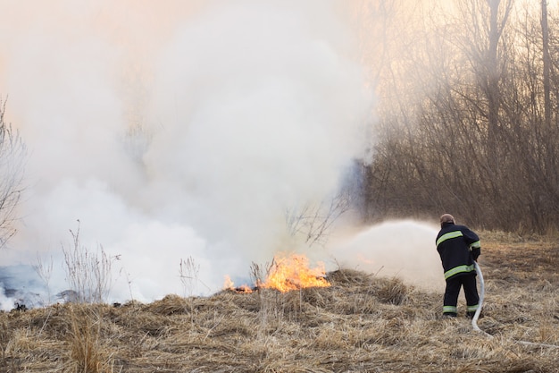 Il pompiere combatte un incendio nel campo vicino alla foresta