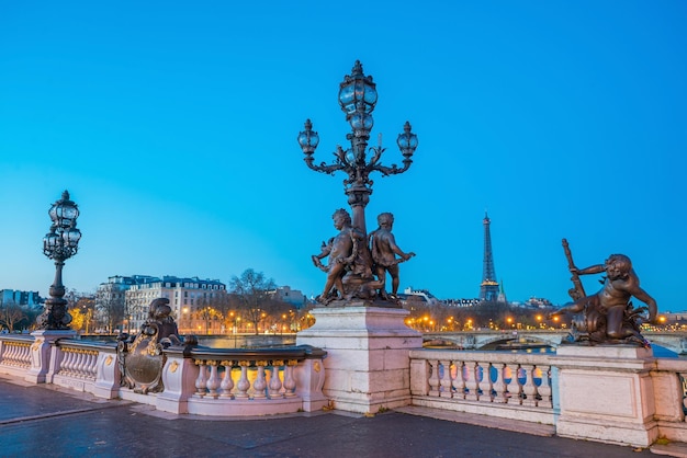 Il ponte Alessandro III sul fiume Senna a Parigi, Francia, all'alba