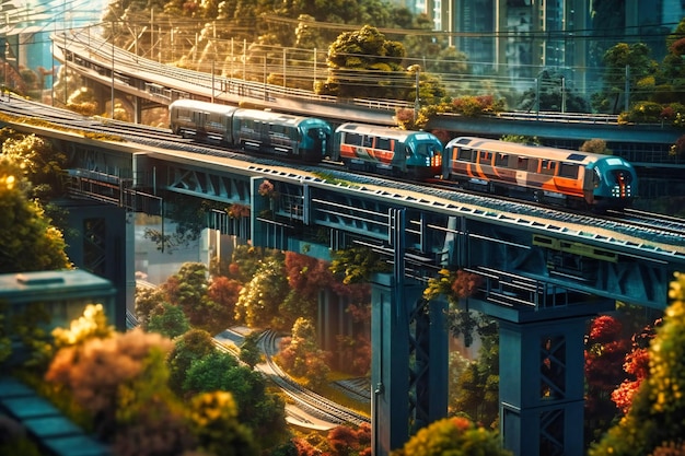Il ponte ferroviario di nuova generazione collega una città maestosa mentre i treni del futuro attraversano una foresta di torri innovative