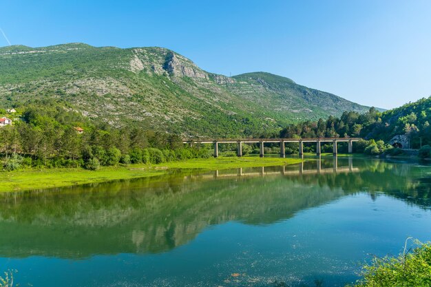 Il ponte ferroviario passa sopra un fiume di montagna.