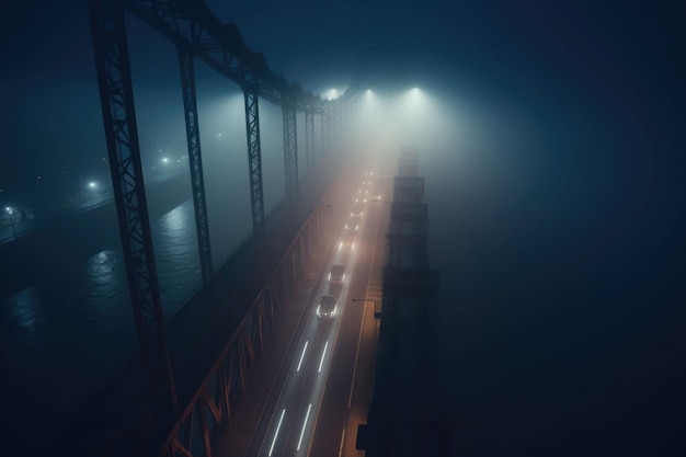 Il ponte nebbioso con un lampione a lato Il ponte notturno coperto dalla nebbia IA generativa