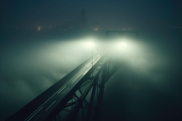 Il ponte nebbioso con un lampione a lato Il ponte notturno coperto dalla nebbia IA generativa