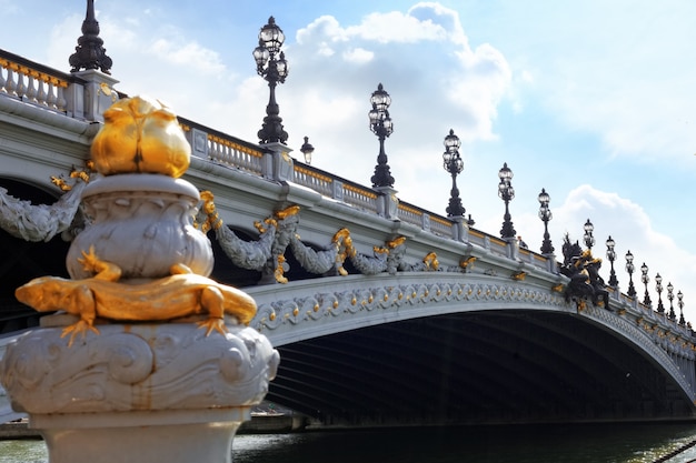 Il ponte Pont Alexandre III (1896) che attraversa la Senna. Decorato con lampade e sculture in stile Art Nouveau .Paris.France