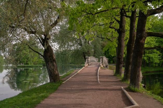 Il ponte traforato in ghisa nel Parco Gatchina in una soleggiata giornata autunnale Gatchina San Pietroburgo Russia