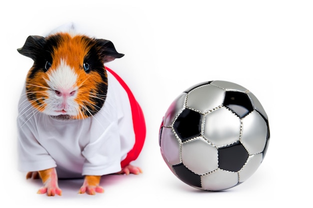 Il porcellino d'India con un palo in una composizione sportiva accanto a una palla da calcio e uno sfondo bianco