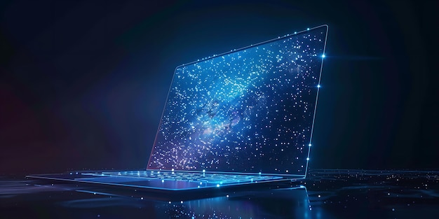 Il portatile poligonale presenta un cielo stellato che illustra la nozione di sicurezza dei dati con lo spazio Generative AI