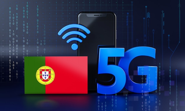 Il Portogallo è pronto per il concetto di connessione 5G. Sfondo di tecnologia Smartphone rendering 3D