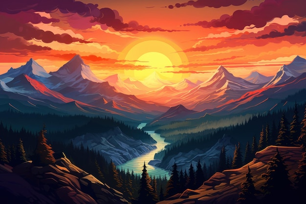 Il poster dell'arte del tramonto di Captivating Mountains Generate Ai